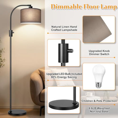 Nintiue Dimmable Black Floor Lamp, 1200 Lumens LED Edison Bulb Included, Arc Gold Floor Lamps for Living Room Modern Standing Lamp with Khaki Shade - color: Black - Khaki Linen Shade