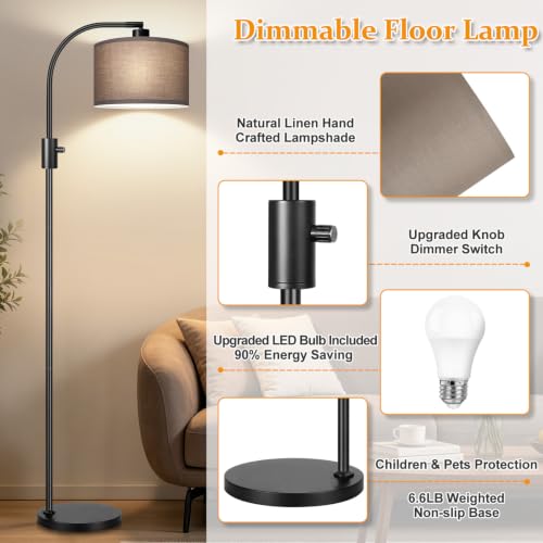 Nintiue Dimmable Black Floor Lamp, 1200 Lumens LED Edison Bulb Included, Arc Gold Floor Lamps for Living Room Modern Standing Lamp with Khaki Shade - color: Black - Khaki Linen Shade