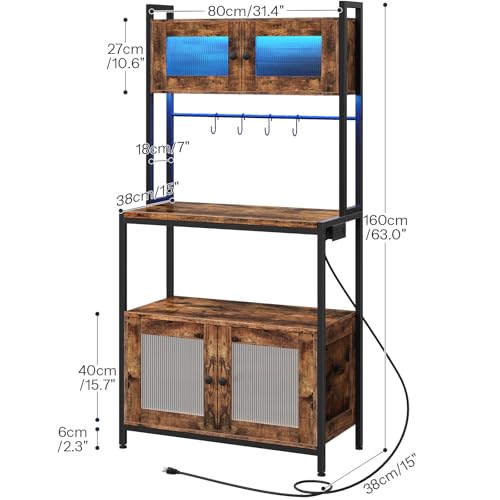 HOOBRO Bakers Rack with Storage Cabinet, 5-Tier Coffee Bar with Power Outlet and LED Lights, Industrial Microwave Oven Stand with Shelves, Kitchen Storage Shelf, Rustic Brown and Black BF13UDHB01 - color: Rustic Brown + Black