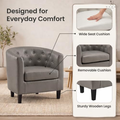 Naomi Home Emma Faux Leather Tufted Barrel Accent Chair - Gray | Solid wood frame, sturdy legs and easy-clean faux leather create lasting comfort for living room, bedroom or office. - color: Grey, style: Barrel