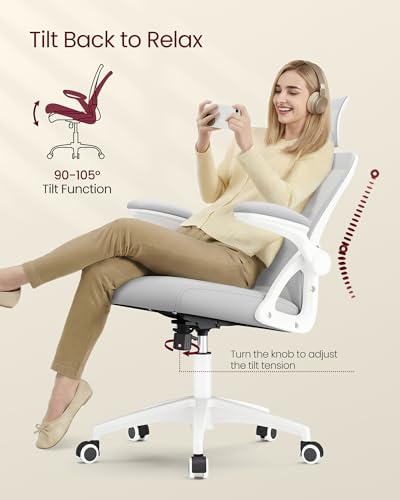 VASAGLE Office Chair, Adjustable Mesh with Lumbar Support and Headrest | Ergonomic desk chair, 90-105° tilt function, wide seat, flip-up armrests, Dove Gray UOBN044GD01S - color: Dove Gray, size: Set of 1, style: Office Chair With Headrest