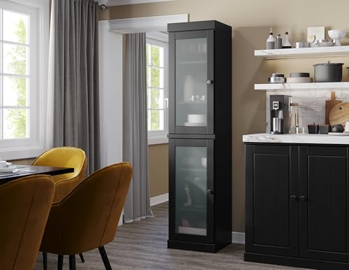 Solid Wood Kitchen Pantry Cabinet w/Frosted Glass Doors - Narrow Storage Cabinet - 16.5" Wide x 71.5" Tall - Black, Adjustable Shelves, 100% Eco-Friendly Wood, Modular Cabinets - color: Black, style: Frosted Glass Doors