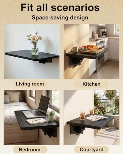 Wall Mounted Folding Table, 15.7"x9.8" | Space Saving Floating Desk for Small Spaces, Laundry Room & Kitchen | Fold Down Wall Desk with Self-Locking Mechanism | Black