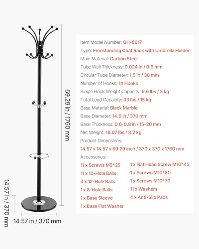 VEVOR Freestanding Coat Rack, Metal Coats Rack Stand with Umbrella Holder, Stable Marble Base & 14 Hooks, Hall Coat Tree for Entryway, Bedroom, Living Room, Stylish Coats Hanger for Hats, Scarves, Bag - style: with Umbrella Holder