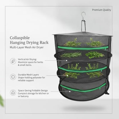 Collapsible Hanging Dryer with Zippered Mesh Layers, Space-Saving Foldable Air Drying Rack for Kitchen, Balcony, and Laundry (Black) - size: 22.83 x 22.83 x 7.09 in