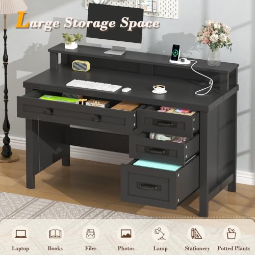 47" Farmhouse Computer Desk with Drawers & Outlets for Home Office, Bedroom | Executive Desk with Power Outlets, Home Office Desk with Monitor Stand & Drawers, Small Desk Writing Study Table, Black - color: Black