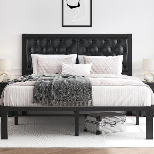 HISOFT Queen Bed Frame with Upholstered Button Tufted Headboard, Bed Frame Platform Metal Slats Support, Under Bed Storage, No Box Spring Needed, Noise-Free, Easy Assembly, Black - color: Black, size: Queen