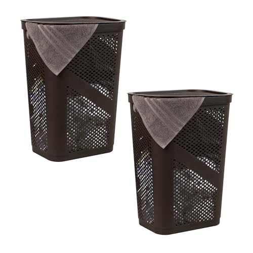 Mind Reader 60L Slim Laundry Hamper, Clothes Basket, Lid, Ventilated, Plastic, 17.25"L x 13.75"W x 23.5"H, Set of 2, Brown