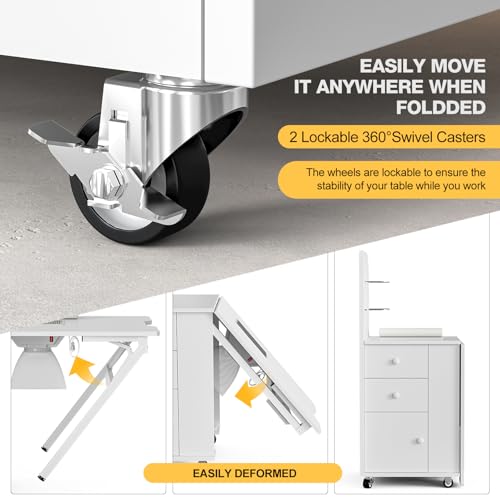Foldable Nail Desk Manicure Table, Folding Nail Table Station for Nail Tech w/Dust Collector, 2 Open Shelves & 2 Drawers, Foldable Manicure Desk w/Wrist Cushion, Lockable Wheels - color: White
