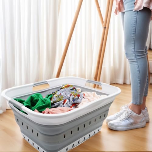 SAMMART 42L (11 gallon) Collapsible Plastic Laundry Basket - Foldable Pop Up Storage Container/Organizer - Space Saving Hamper/Basket (1, White/Grey) - color: White/Grey