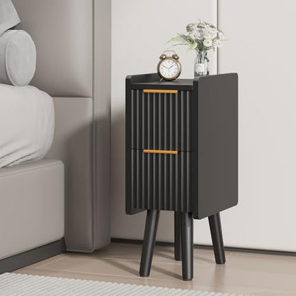 ELYKEN 7.9" Fluted Narrow Nightstand, 20.6" H Skinny Side Table, Black | Compact Design for Small Spaces, 2 Drawers, Modern Black Finish, Perfect as Bedside Table, End Table or Sofa Side Table - color: Black-1 Pcs