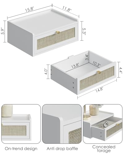 Floating Nightstand,Wall Mounted Night Stand with Drawer,Small Floating Shelves,Floating Wood Bedside Table for Bedroom、Living Room、Bathroom(No Assembly) - color: White, style: Bohemian