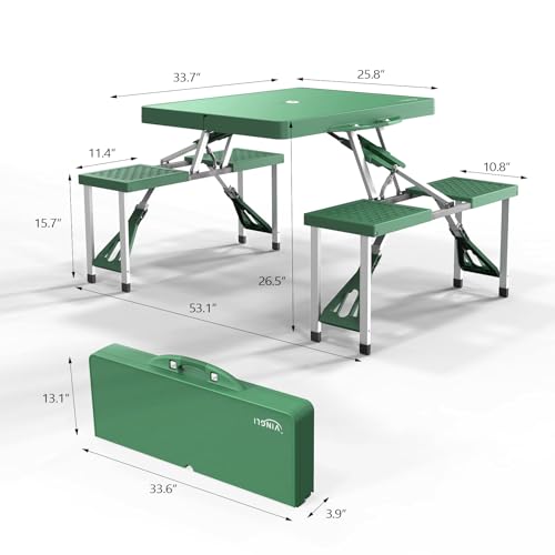 VINGLI 4 Ft Portable Folding Picnic Table Camping Table Foldable Set with 4 Seats with Umbrella Hole Suitcase Card Table-220 Lbs Support Aluminum Frame, Plastic RV Tabletop for Yard, Travel - color: Green