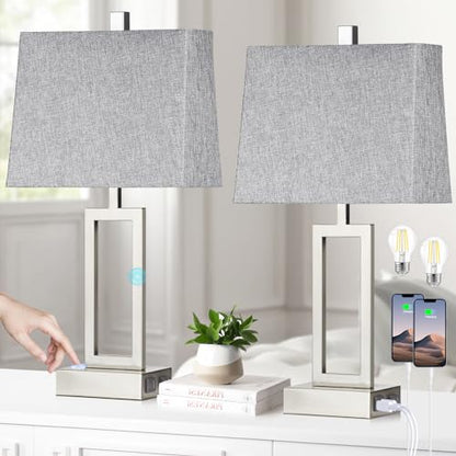Lolikit 23.5" Touch Control Table Lamps, Metal Bedside Lamp for Bedroom Set of 2 with USB A+C Ports & AC Outlet, 3-Way Dimmable Nightstand Lamp for Living Room (LED Bulb Included) - color: Silver - 23.5"H