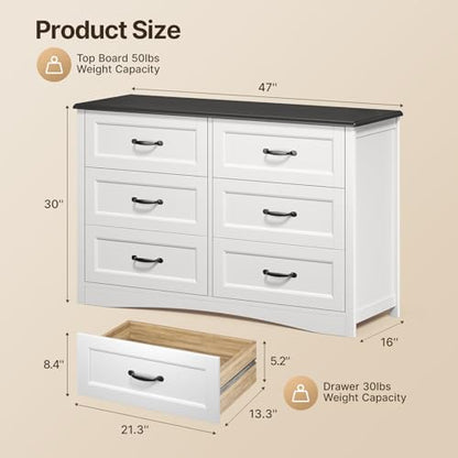 Gizoon 47" 6 Drawer Dresser, White & Black Chest of Drawers Bedroom | 6 drawer wood dresser with metal handles. Storage cabinet organizer for bedroom, kids nursery room and home office - color: White-black