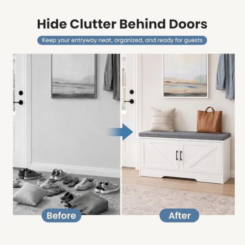 DUMOS 28" Shoe Storage Bench, Entryway Shoe Organizer Cabinet with Padded Seat Cushion, Adjustable Shelf and 2 Doors, Compact Storage Bench for Small Spaces, Hallway, Bedroom, Living Room, White - size: 28 inches