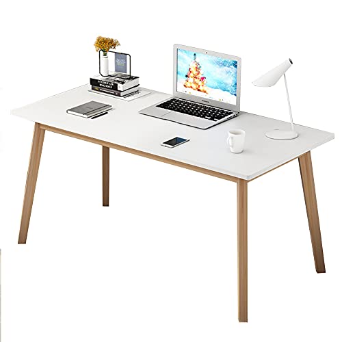 IOTXY Simple Wooden Writing Desk - Modern Minimalist Style PC Laptop Computer Workbench with Solid Wood Legs, 55" W Home Office Work Table for TV Stand Music Video Live Broadcast Workstation, White | Nordic Minimalist Style, MDF Tabletop, Solid Wood Legs,
