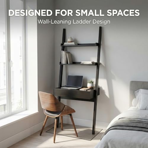 Home Office Desk with Ladder Shelf & Drawer, Computer Writing Desk with Storage Shelves, Modern Small Desk for Bedroom Study