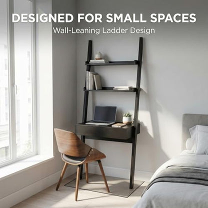 Home Office Desk with Ladder Shelf & Drawer, Computer Writing Desk with Storage Shelves, Modern Small Desk for Bedroom Study