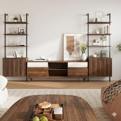 74" Tall Bookshelf with Storage Cabinet, Modern Ladder Shelf with Wood and Metal Frame, Wall Mount Bookcase Open Display Shelf Furniture for Living Room, Bedroom, Home Office, Walnut - color: Walnut