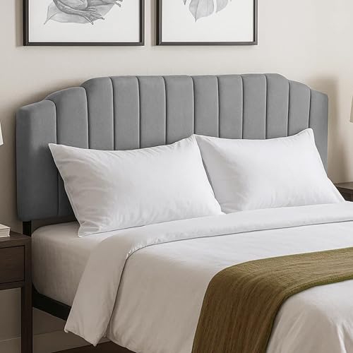 Upholstered Headboard Adjustable Height Queen/King Headboard Cream Velvet Tufted Modern Vertical Channel Design with Stepped Silhouette Top Edge(Grey King) - color: Gray, size: King