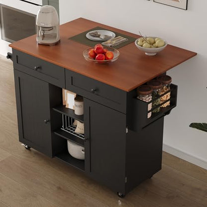 Furnify Kitchen Island with Wheels & Drawers, Kitchen Island Cart, Black | Rolling Kitchen Island with Drop Leaf, Mobile Kitchen Storage Cabinet with Towel Rack & Spice Rack for Dining Room, Kitchen