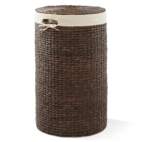 Casafield Round Laundry Hamper with Lid and Removable Liner Bag - Espresso Dark Brown, Woven Water Hyacinth Wicker Laundry Basket for Clothes, Towels