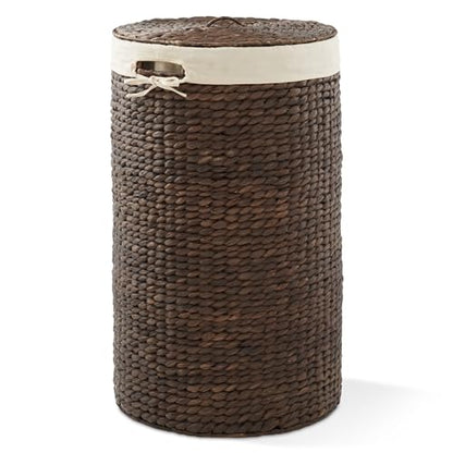 Casafield Round Laundry Hamper with Lid and Removable Liner Bag - Espresso Dark Brown, Woven Water Hyacinth Wicker Laundry Basket for Clothes, Towels