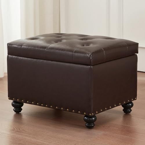 Zihanhome Leather Ottoman with Storage, Upholstered Button Tufted Ottoman Foot Rest, Foot Stools, 24" Rectangle Ottomans with Storage for Living Room, Bedroom, Dorms and Apartments (Brown-PU) - color: Brown-pu