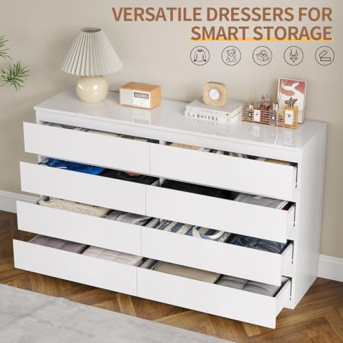 White 8 Drawer Dresser for Bedroom Wooden Closet Storage | Wood Dresser, Modern High Gloss, Handle-Free, for Entryway, Living Room, TV Stand - size: 15.4"D x 55.1"W x 33.9"H (8 Drawers)