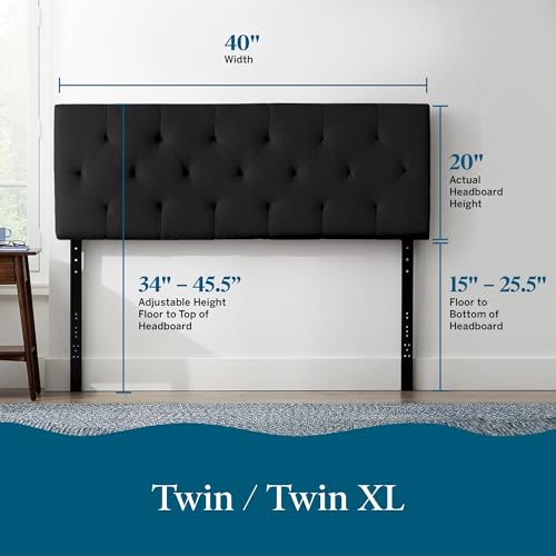 Lucid Mid-Rise Upholstered Headboard - Diamond Tufted - Padded Polyester - Adjustable Height from 34” to 46” - Easy Assembly - Bed Frame or Wall Mount - Sturdy - Black - Twin / Twin XL Size - color: Black, size: Twin/Twin XL