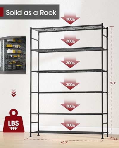 Sakugi Storage Shelves - 6 Tier Shelf Organizer, Heavy Duty Garage Shelving Unit with Leveling Feet, Stable Metal Shelves Organizer for Pantry, Kitchen and Closet, 46.3" W x 12.6" D x 76.1" H, Black - color: Black, size: 46.3W×12.6D×76.1H(6T)