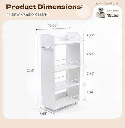 Slim Rolling Storage Cart,4 Tier White Rolling Utility Cart Slide Out Rack | Narrow Spice Rack Organizer Trolley for Kitchen Bathroom Larundry Small Corner 7.7inch wide - size: 4-Tier