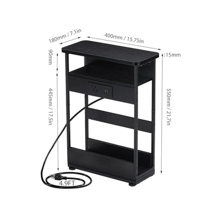 YEAKOO Narrow Side Table with Charging Station, 3-Tier End Table with 2 USB Ports & Power Outlets,Thin Sofa Side Table for Narrow and Small Spaces, Bedside Table Nightstand for Living Room,Black - color: Black