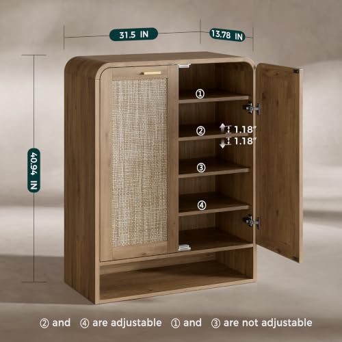Evermagin 41 Inch Rattan Shoe Storage Cabinet Holds 24 Pairs, Caramel Oak | 5-Tier Boho Shoe Cabinet with Doors, Modern Wooden Freestanding Shoe Storage Cabinet for Entryway Hallway , Living Room - color: Caramel Oak