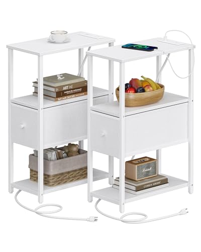 TUTOTAK Small Narrow End Table with Charging Station, Set of 2 | Side Table with Outlets, Nightstand with Cloth Drawer, Couch Table for Living Room, Bedroom, Bedside, White TB01BW058 - color: White, style: 1 Drawer & Plug