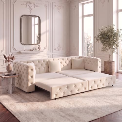 89" 4-Seater Queen Size Pull Out Sofa Bed with 3 Pillows, Beige | 4-Seater Classic Velvet Sofa with Tufted Design,3 Pillows,89" Extra Large 3-in-1 Pull Out Sofa - color: Q-beige-0w3