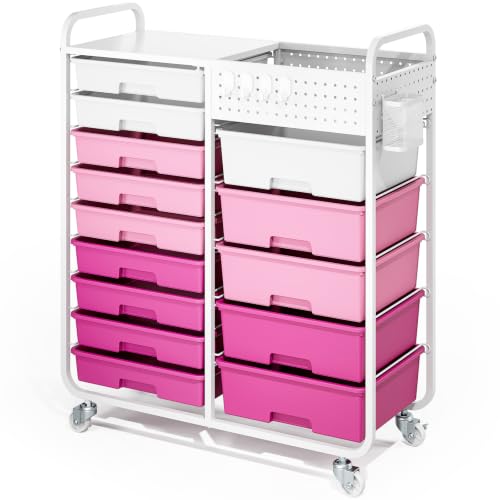 14 Drawer Rolling Storage Cart with Tabletop and Pegboard for Crafts Pink | Easy Setup, Large Capacity, Sturdy Build, Smooth Mobility, For classroom, office and dorm supplies - color: Pink