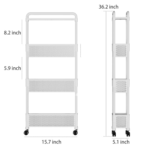 Slim Rolling Storage Cart for Small Space, 4 Tier White Utility Cart Shelves Organizer, Plastic Storage Cart on Wheels for Kitchen, Office, Bathroom, Laundry Room and Narrow Places