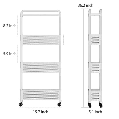 Slim Rolling Storage Cart for Small Space, 4 Tier White Utility Cart Shelves Organizer, Plastic Storage Cart on Wheels for Kitchen, Office, Bathroom, Laundry Room and Narrow Places