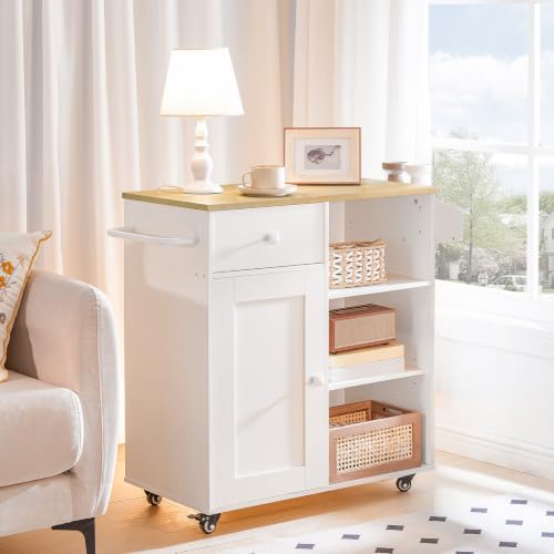 HOOBRO Kitchen Island, Storage Cabinet with Drawer, Kitchen Cart with Spice and Towel Rack, Saving Space, Easy Assembly, for Living Room, White and Natural WN12ZD01 - color: White + Natural