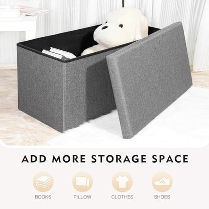 PINPLUS Folding Storage Ottoman Bench with Lid Tray, 30 inches Ottoman Coffee Table Grey Cube Chair Foot Rest Stool Storage Chest for Living Room Bedroom, Holds up to 550 lb - color: Grey