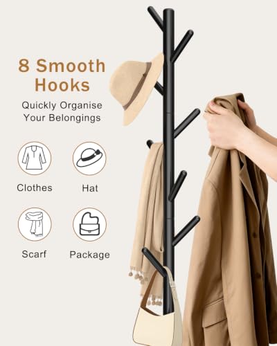 Yawinhe Wooden Coat Rack Freestanding,Hall Tree with 8 Hooks,Black | 3 Adjustable Heights Coat Standing Tree; Sturdy Clothes Stand with Square Base; Coat Tree for Entryway, Hallway - color: Black