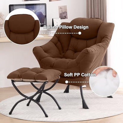 Lazy Chair with Ottoman, Comfy Reading Accent Chair, Brown | Foldable Footrest, Padded Seat and Backrest, Side Pocket for Lounging in Living Rooms, Bedrooms, Dorms and Small Spaces - color: Peach Skin Brown