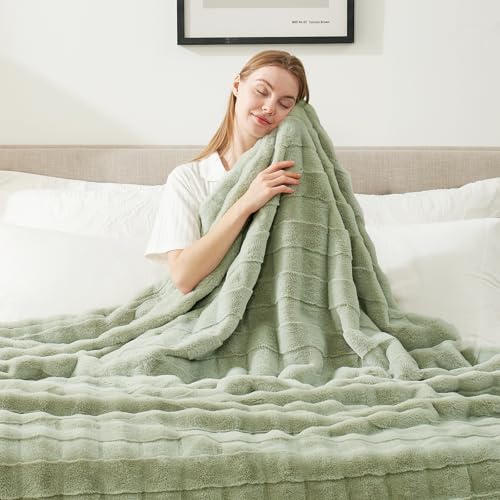 Cozy Bliss Fluffy Faux Fur Throw Blanket for Couch,Warm Cozy Soft Green Throw Blankets for Sofa Bed Living Room,60x80 Inches - color: Sage Green, size: Twin(60" x 80")