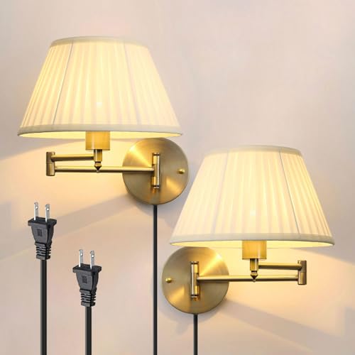 Plug-In Wall Sconces Set of 2, Bronze Swing Arm Lamps with Fabric Shades | Adjustable bedside reading lights for bedroom, living room or study, with standard E26 sockets for replaceable bulbs. - color: Bronze, size: 2PCS