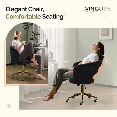 VINGLI Modern Curved Office & Vanity Desk Chair, Cute Upholstered Nail Chair with Wheels & 360° Swivel & Club & Tilting & Gold Base, for Bedroom, Living Room, Makeup, Velvet Chenille, Black - color: Black