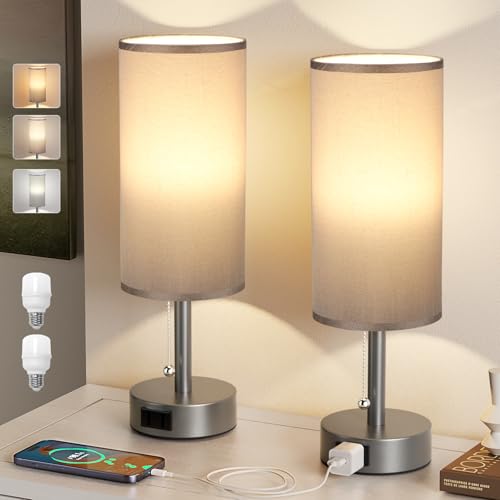 Dark Grey Bedside Table Lamps Set of 2 - Bedroom Lamp for Desk, AC Outlet | 3CCT(3000K/4000K/5000K), LED Bulbs Included, Dark Grey Fabric Lampshade, 14in Small Lamp for Nightstand, Guest Room, Dorm - color: Dark Gray, size: 14.0in
