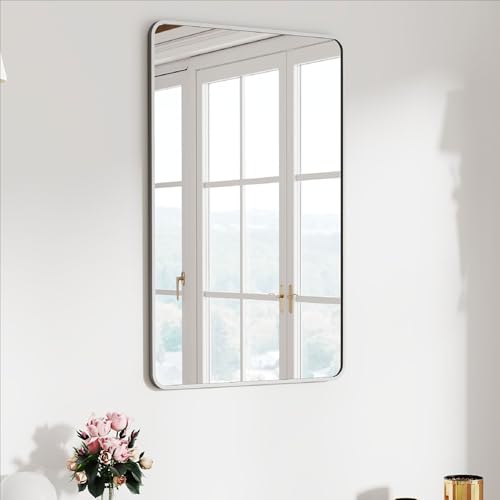 30x20 Bathroom Mirror Rect Wall Mounted Aluminum Metal Frame Silver | HD Crystal Clear Tempered Glass,Make-Up Vanity Mirrors for Bedroom,Entryway,Living Room,Horizontally or Vertically - color: Silver, size: 30"L x 20"W