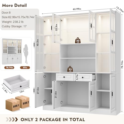 Kitchen Pantry Storage Cabinet with LED Lights, 78.7" Tall with Glass Doors & Drawers, Freestanding Utility Cabinet, White (63" W x 15.7" D) - color: White, size: 8 Doors